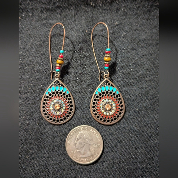 Copper Tone Blue And Red Beaded Clear Rhinestone Teardrop Dangle Earrings - Picture 2 of 2